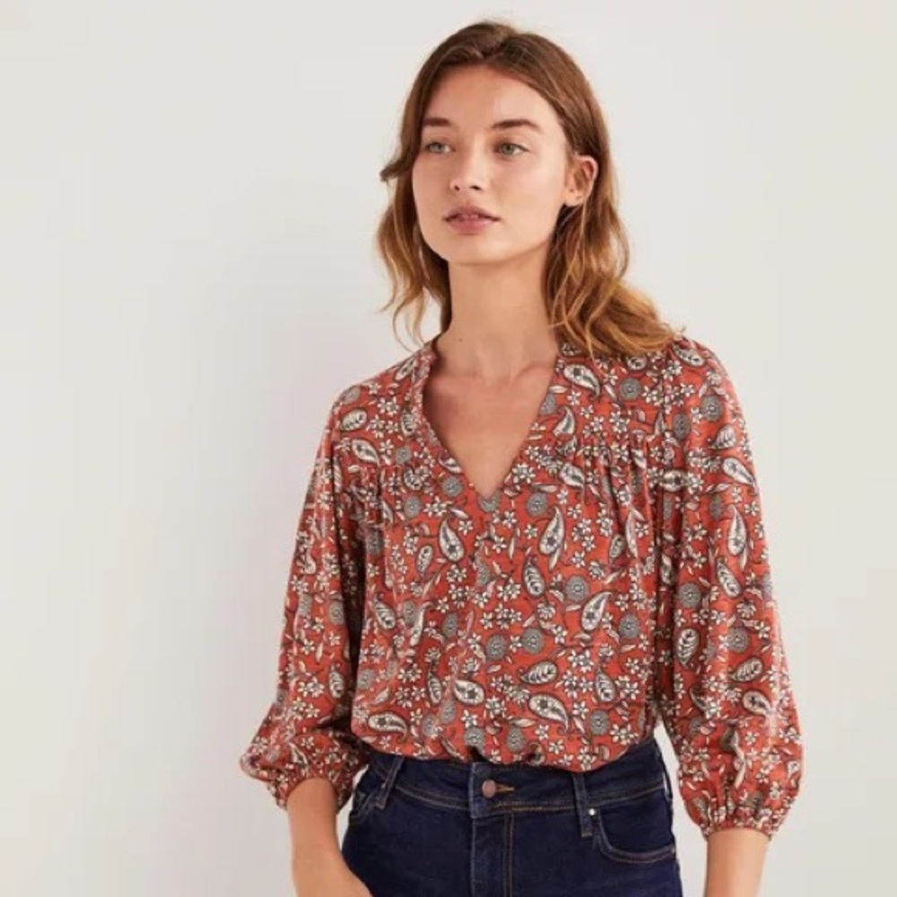 NWT Boden Paisley Print Blouse in Rust and White
